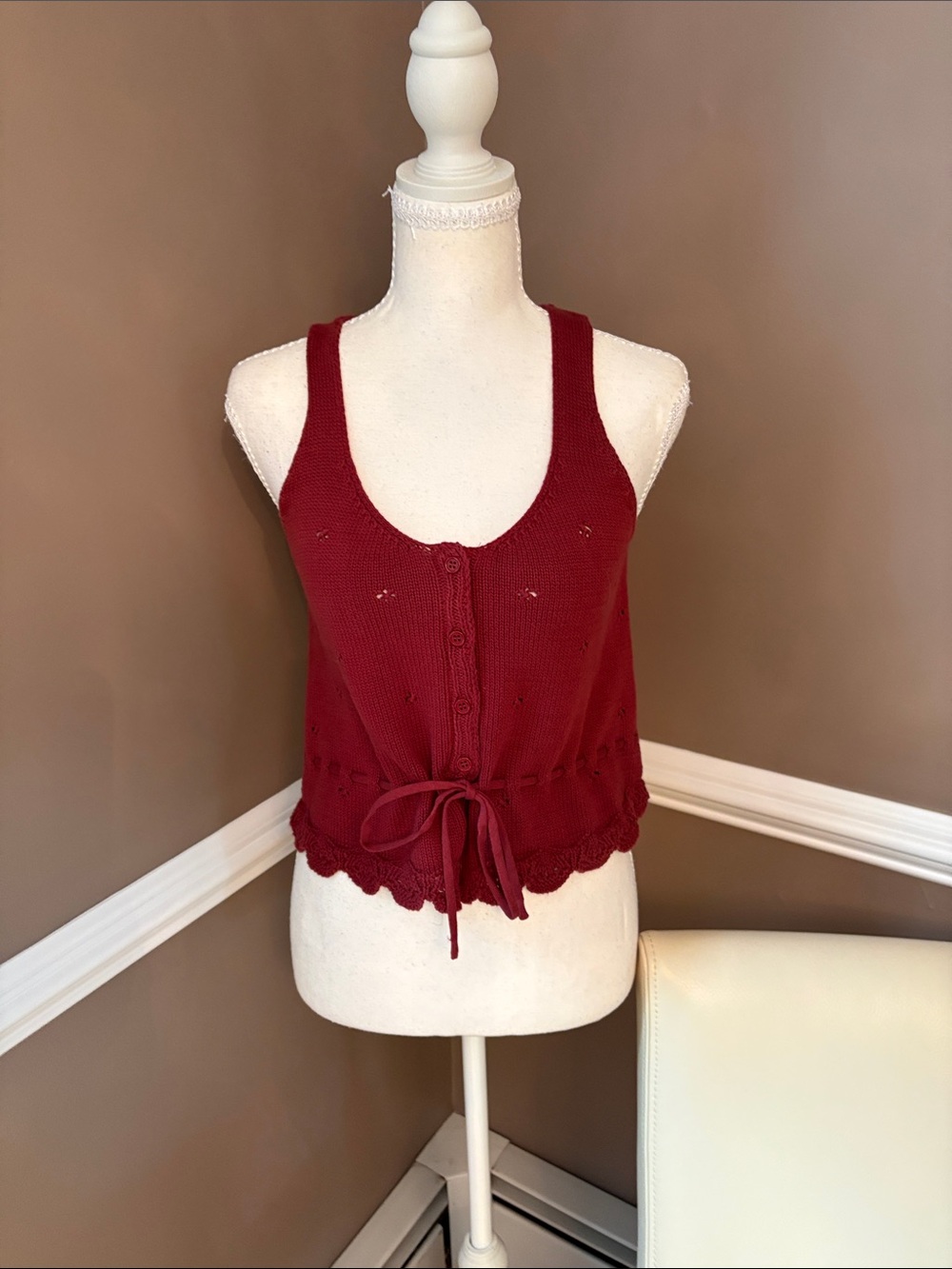 Sleeveless Knit Drawstring Tank Top in Deep Red